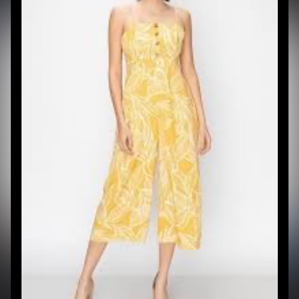 Pink Lily Yellow Floral Patterned Wide Leg Cropped Jumpsuit
